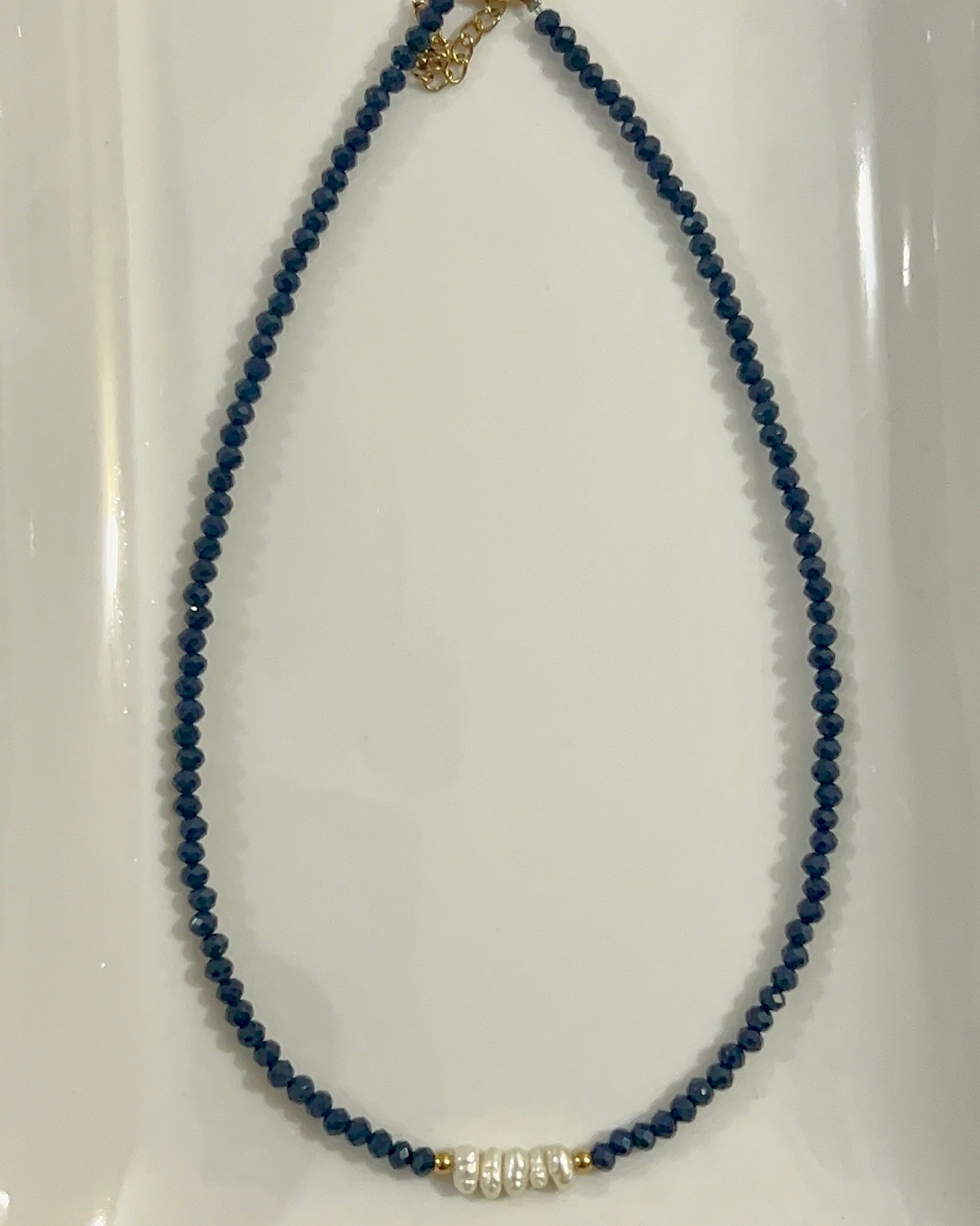 dark blue necklace with freshwater pearls