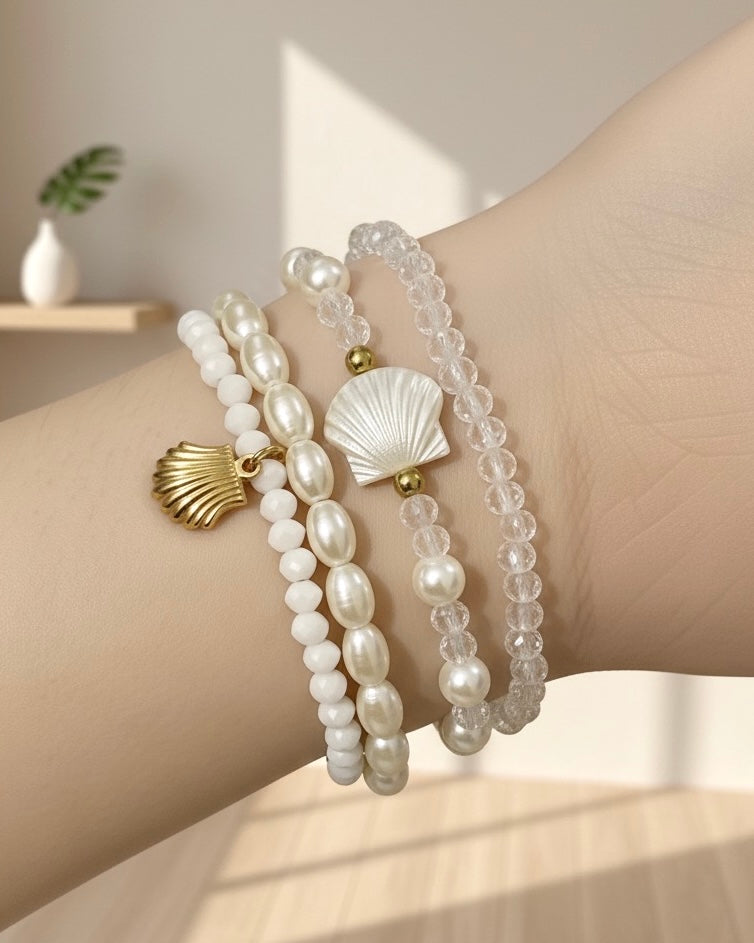 white bracelet stack in elastic